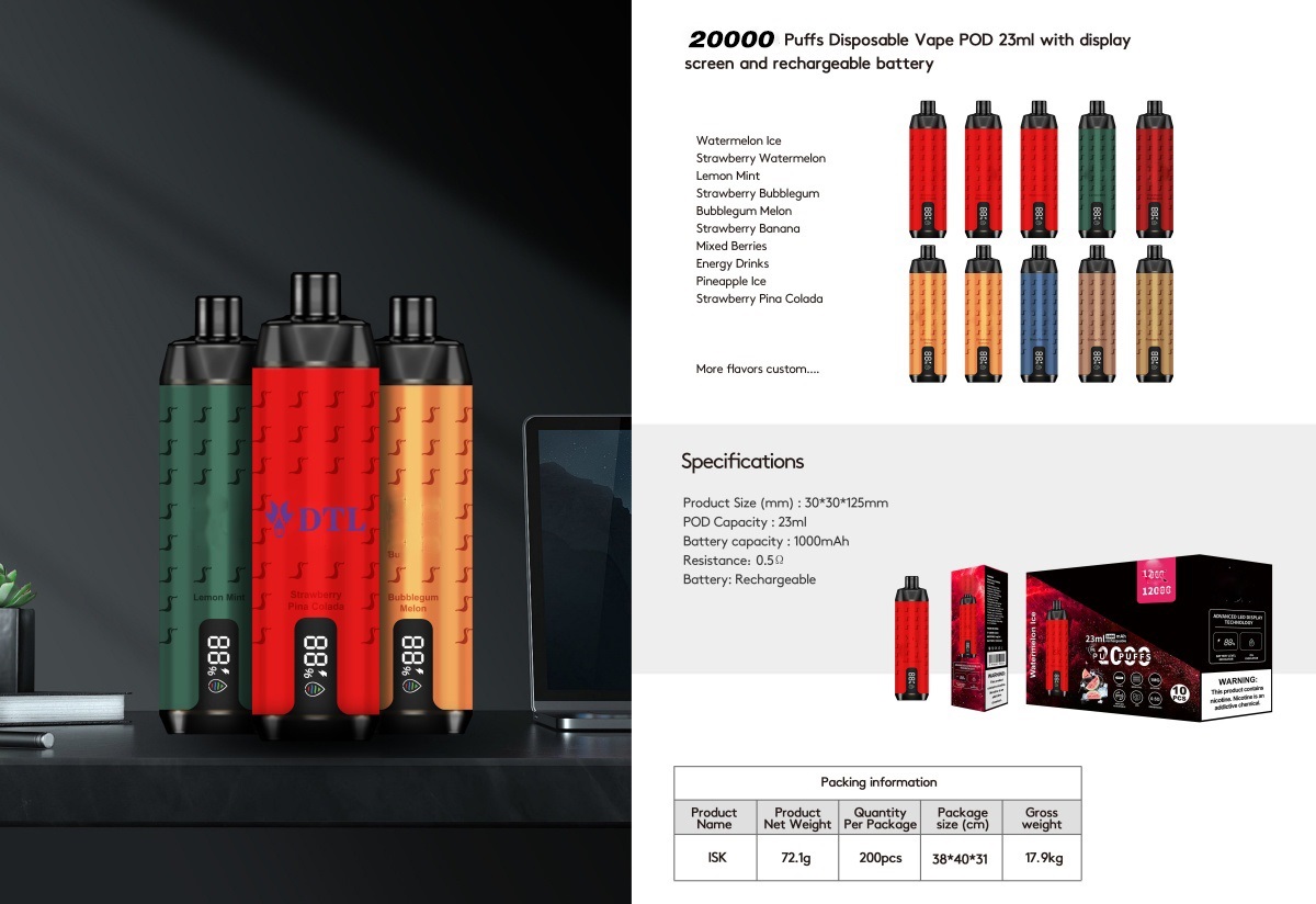 20000 Puffs DL/DTL Dispositivo Vape POD Descartável E-Shisha/Hookah com Tela, Controle de Fluxo de Ar e recarregável